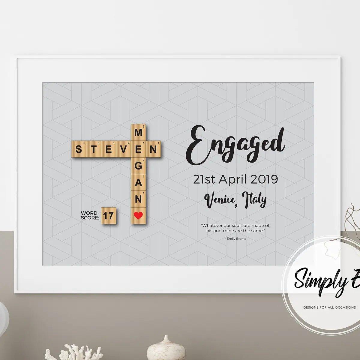 Engaged Letter Tile Print print by Simply E: Engaged, your names in letter tiles, the date, the place and a quote