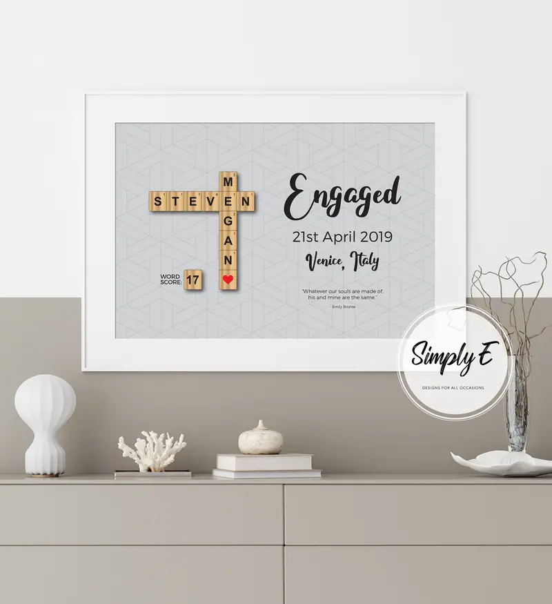Engaged Letter Tile Print print by Simply E: Engaged, your names in letter tiles, the date, the place and a quote