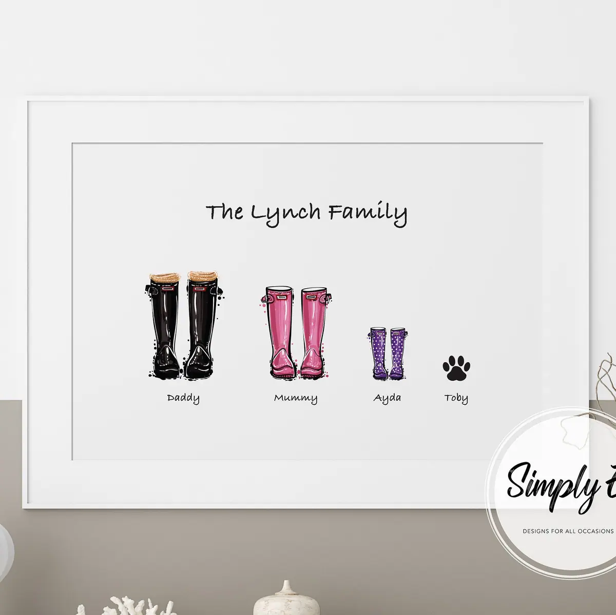 The Family Name Wellies Print print by Simply E: The (Surname) Family, with a named welly for each family member