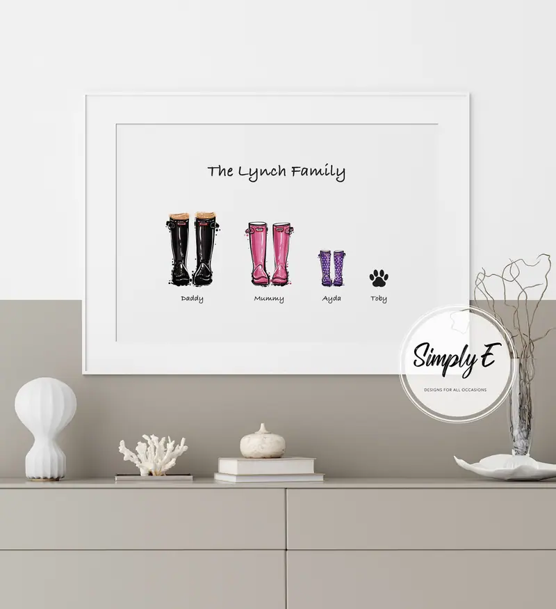 The Family Name Wellies Print print by Simply E: The (Surname) Family, with a named welly for each family member