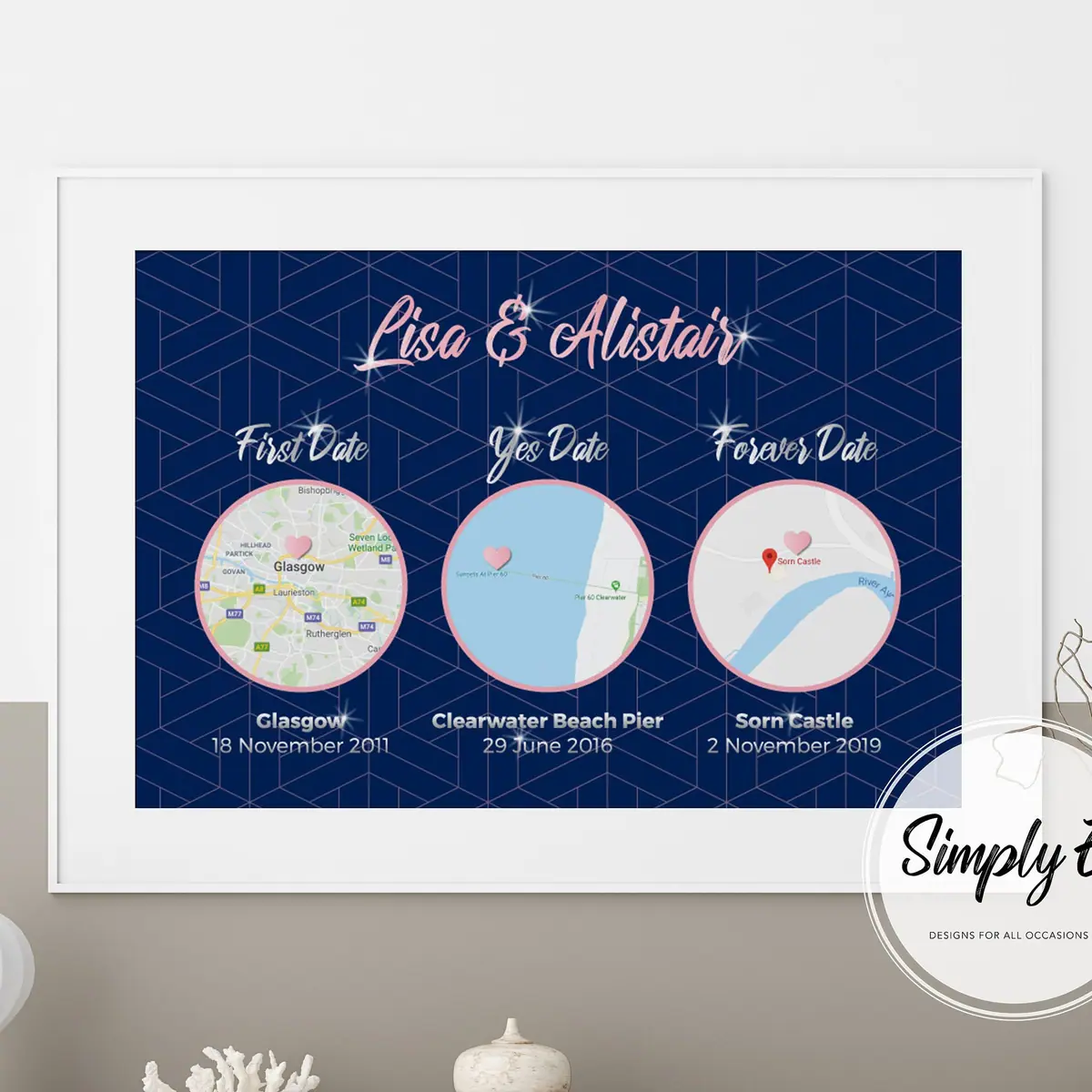 First Date, Yes Date, Forever Date print by Simply E: Your names, with the date and place of your first date, engagement and wedding
