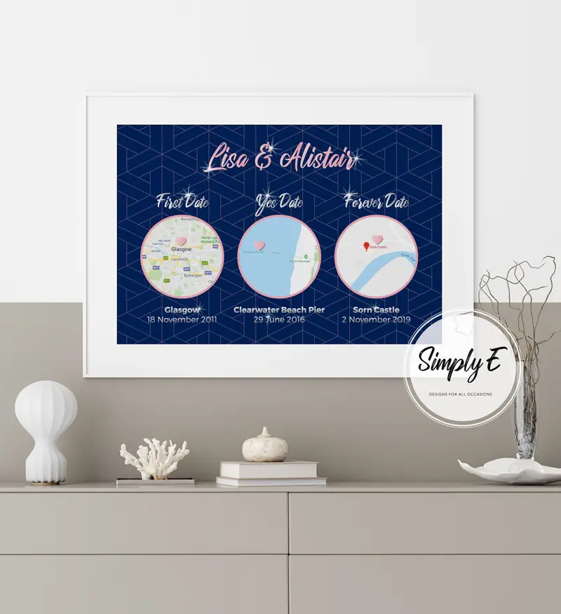 First Date, Yes Date, Forever Date print by Simply E: Your names, with the date and place of your first date, engagement and wedding
