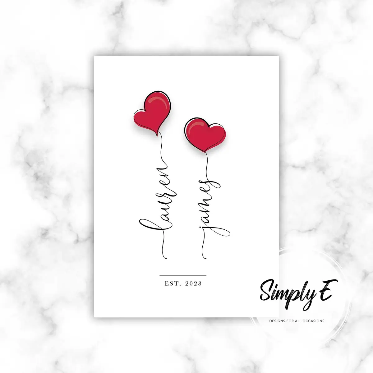 Heart Balloons Print print by Simply E: Two red heart balloons with your names on the strings and the year you met