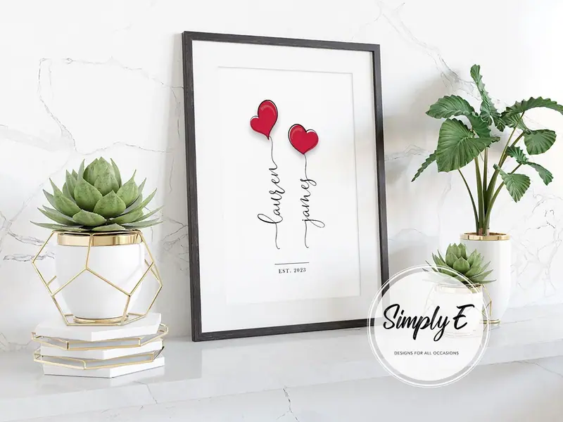 Heart Balloons Print print by Simply E: Two red heart balloons with your names on the strings and the year you met