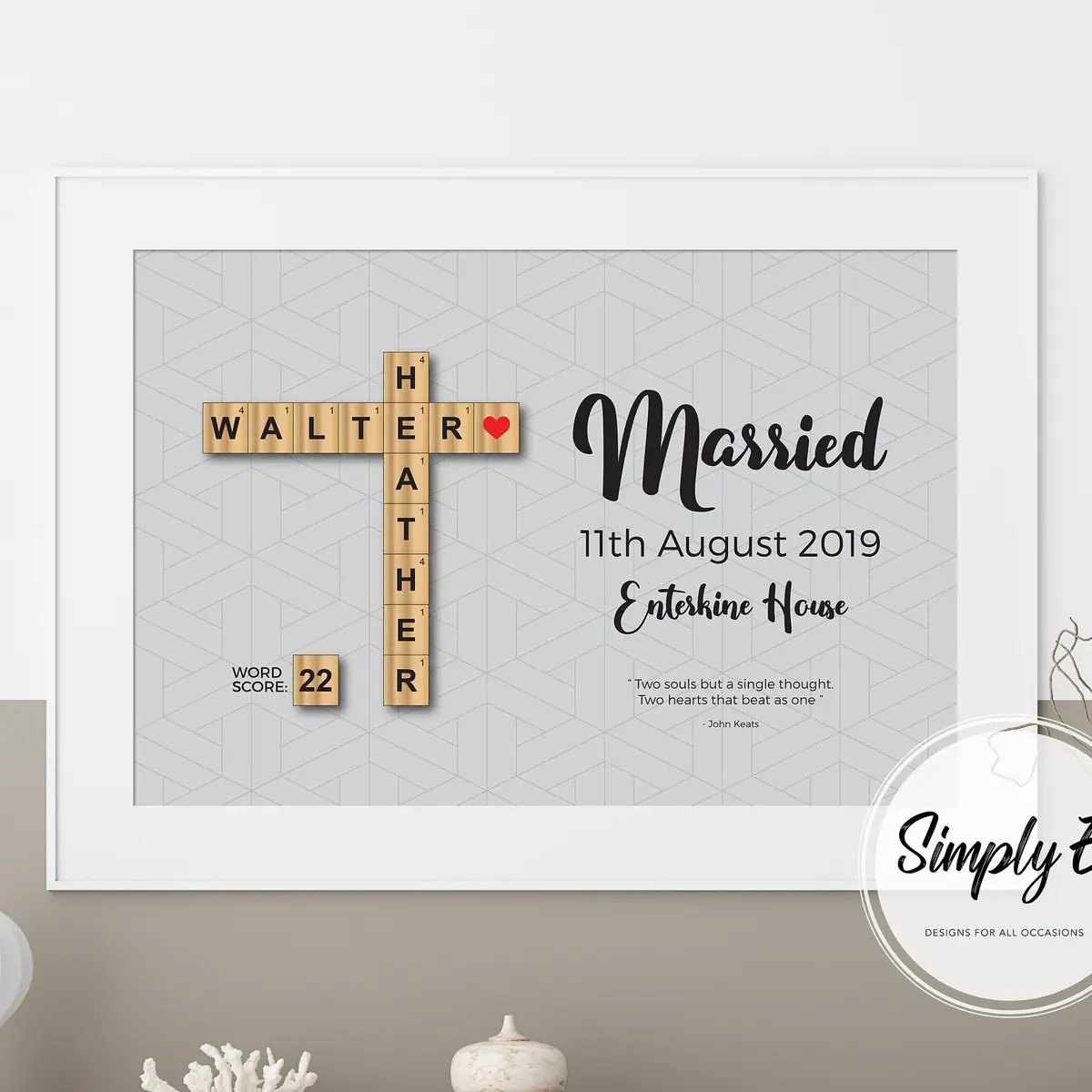 Married Letter Tile Print print by Simply E: Married, your names in letter tiles, wedding date, venue and a quote