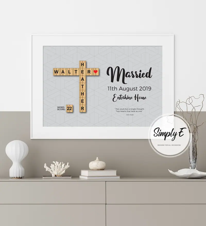 Married Letter Tile Print print by Simply E: Married, your names in letter tiles, wedding date, venue and a quote