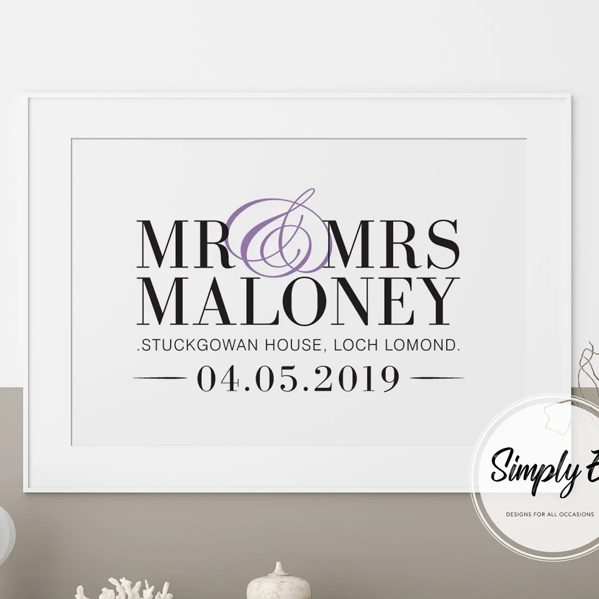 Mr & Mrs Wedding Print print by Simply E: Mr & Mrs (or Mr & Mr, Mrs & Mrs), your surname, venue and wedding date