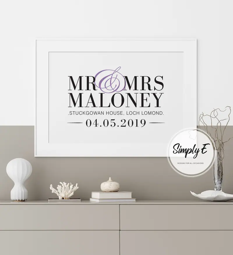 Mr & Mrs Wedding Print print by Simply E: Mr & Mrs (or Mr & Mr, Mrs & Mrs), your surname, venue and wedding date
