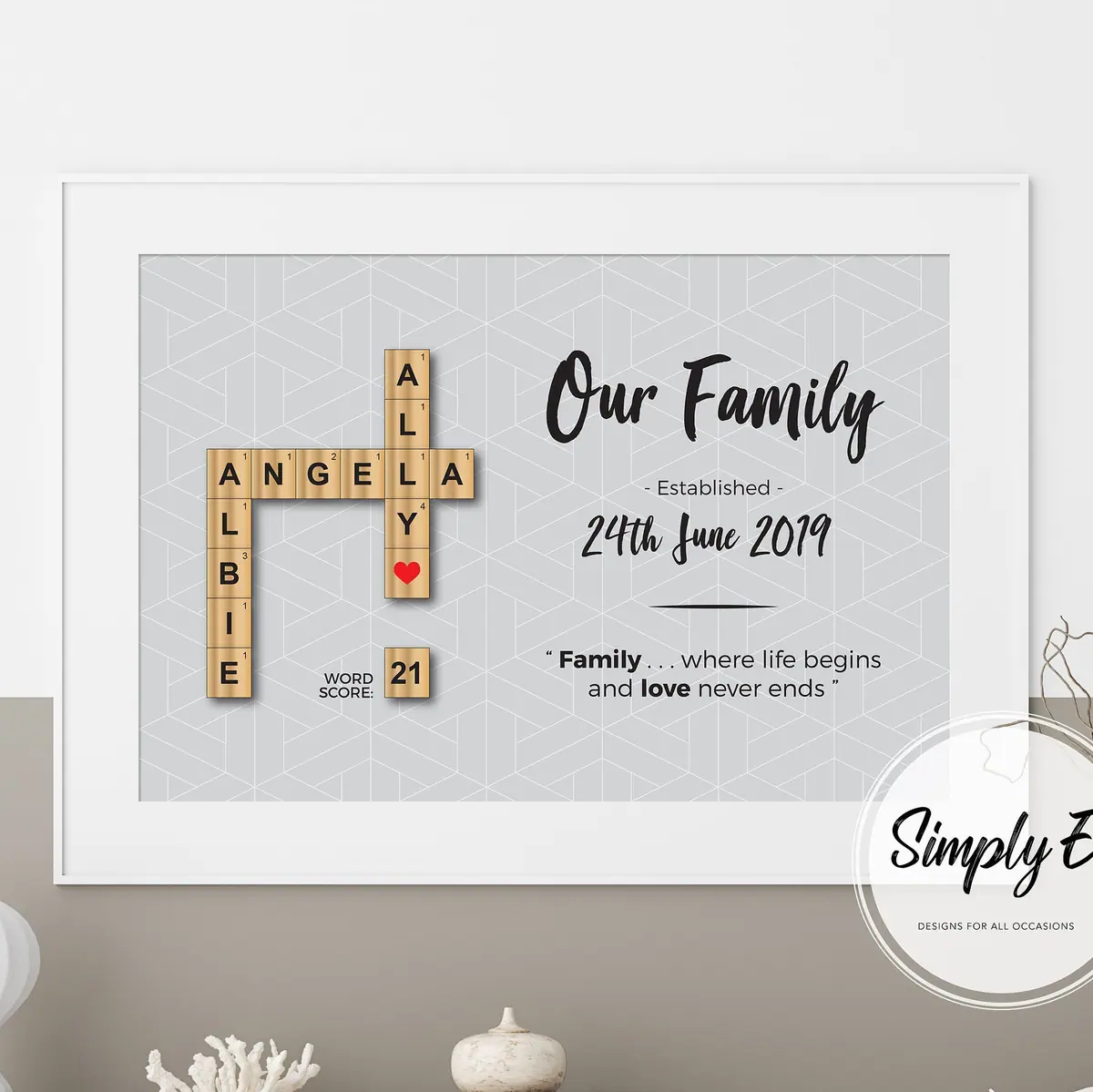 Our Family Letter Tile Print print by Simply E: Our Family, names in letter tiles, established date and a short family quote