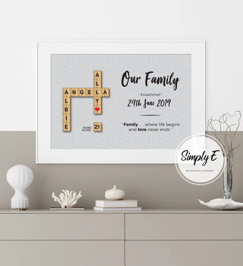 Our Family Letter Tile Print print by Simply E: Our Family, names in letter tiles, established date and a short family quote