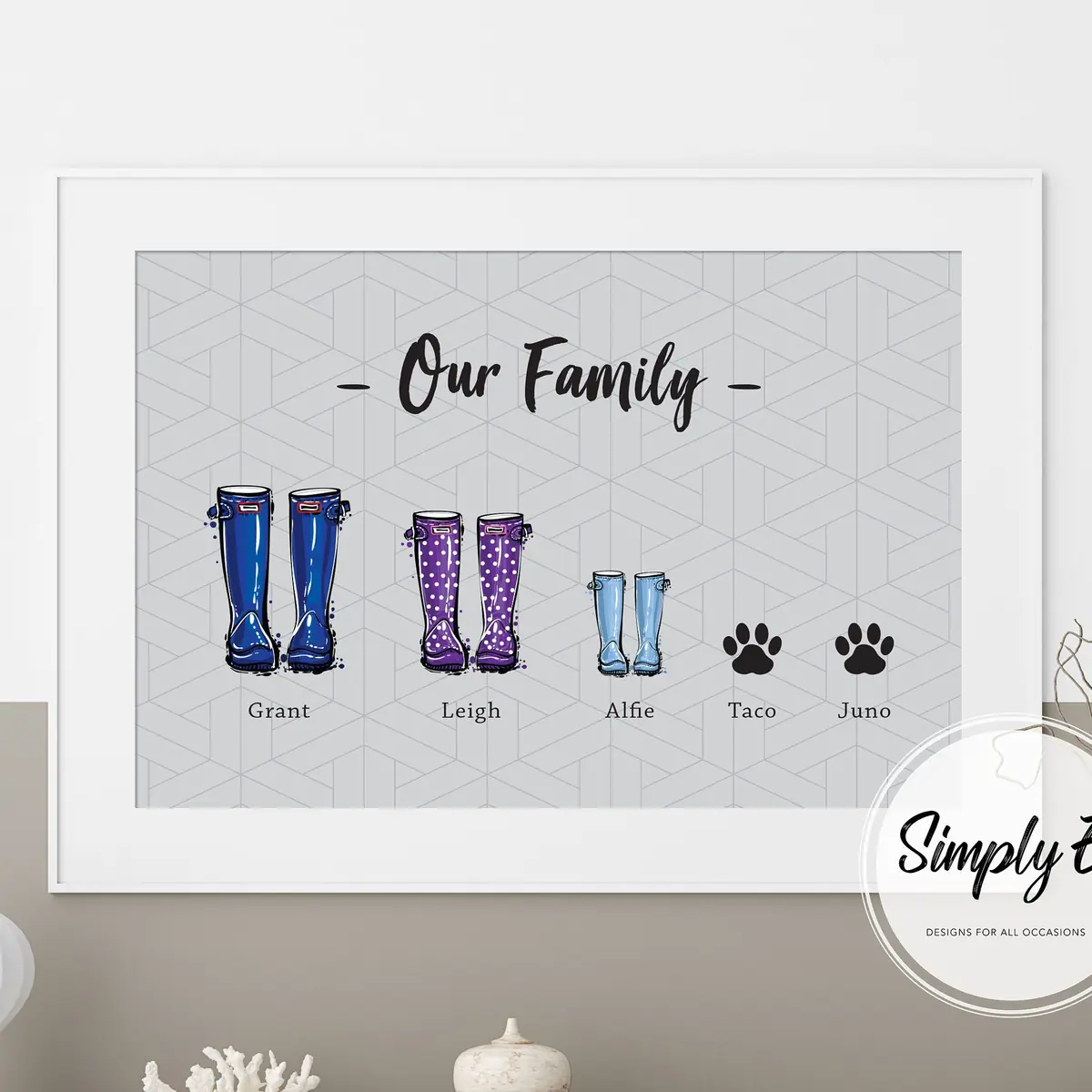 Our Family Wellies Print print by Simply E: Our Family, with a named welly for each family member and pet