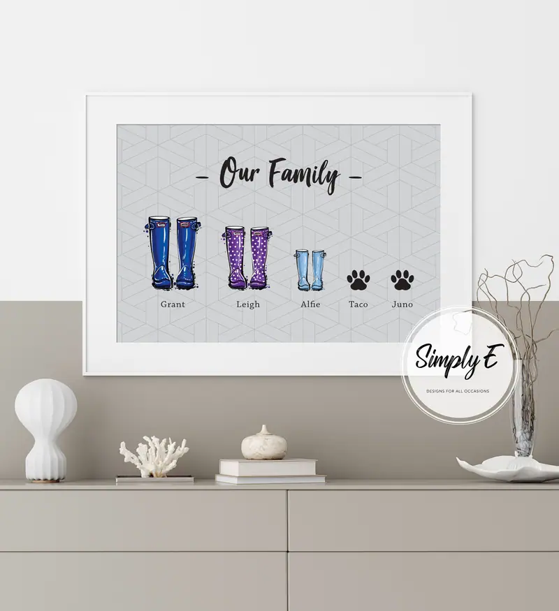 Our Family Wellies Print print by Simply E: Our Family, with a named welly for each family member and pet