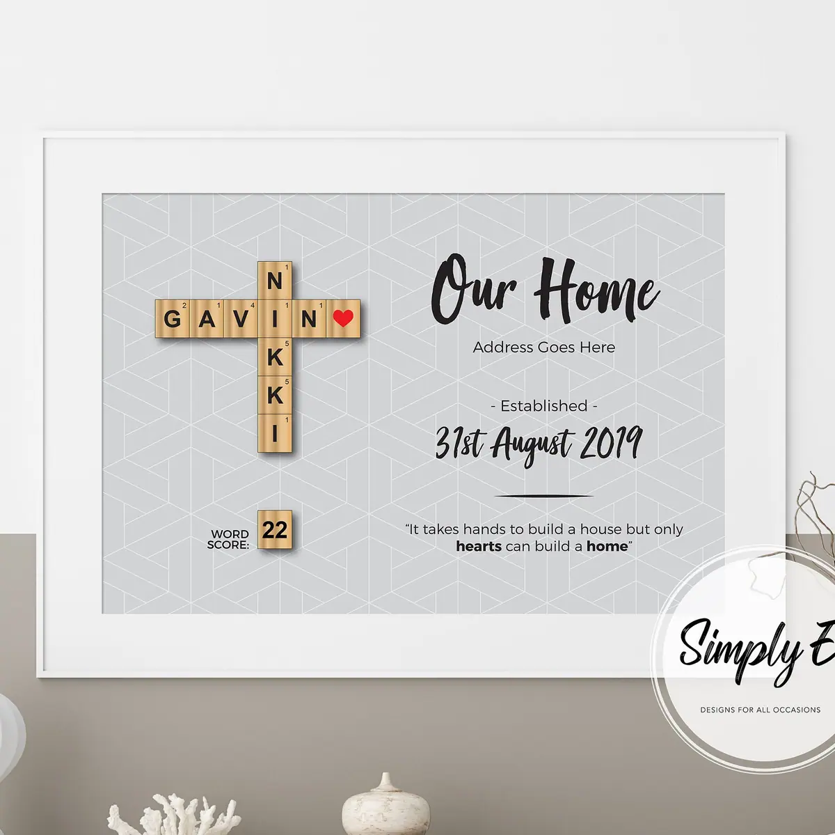Our Home Letter Tile Print print by Simply E: Our Home, family names in letter tiles, address and established date