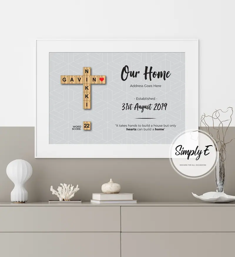 Our Home Letter Tile Print print by Simply E: Our Home, family names in letter tiles, address and established date