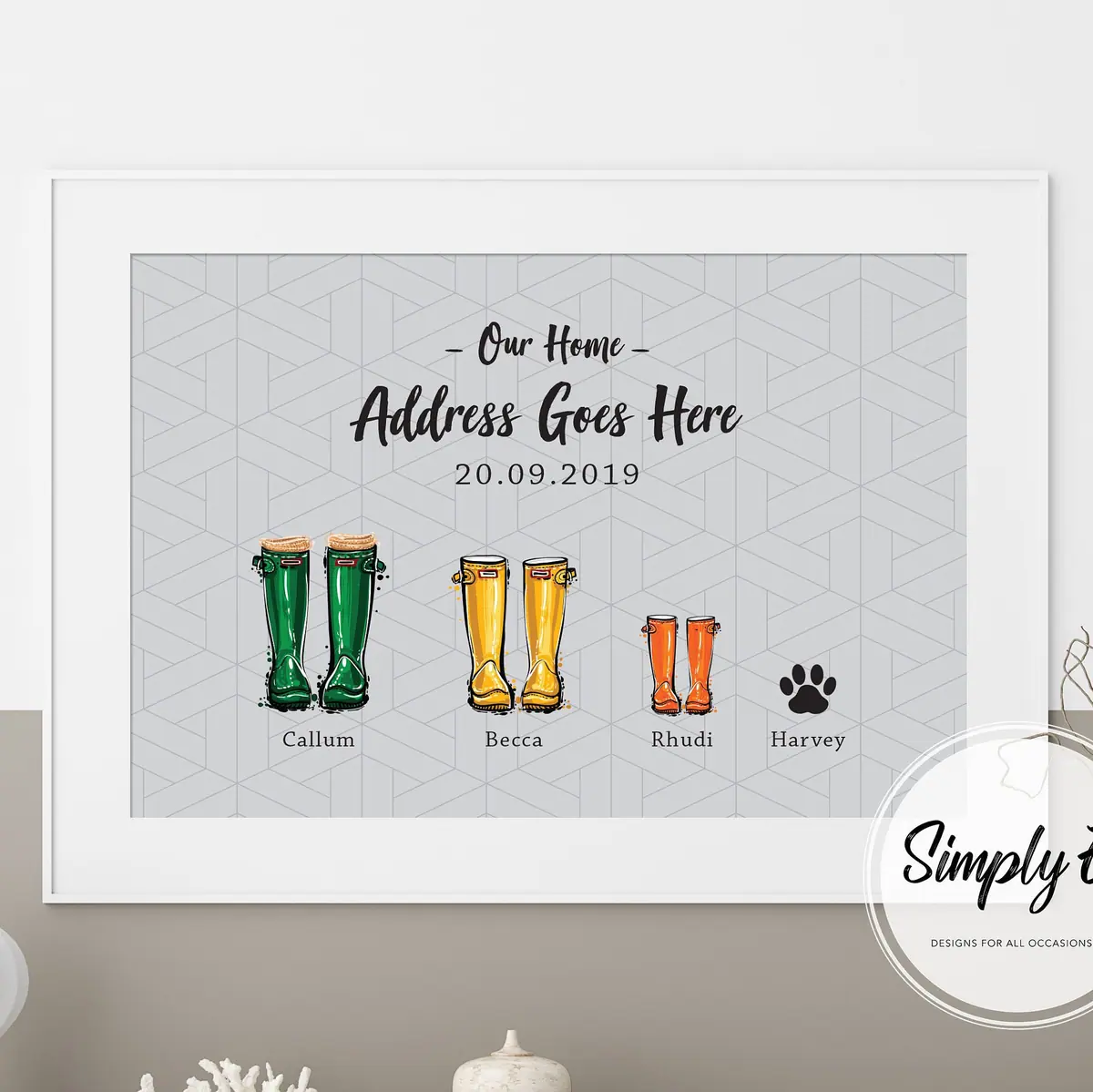 Our Home Wellies Print print by Simply E: Our Home, your address and move-in date, with a welly for each family member
