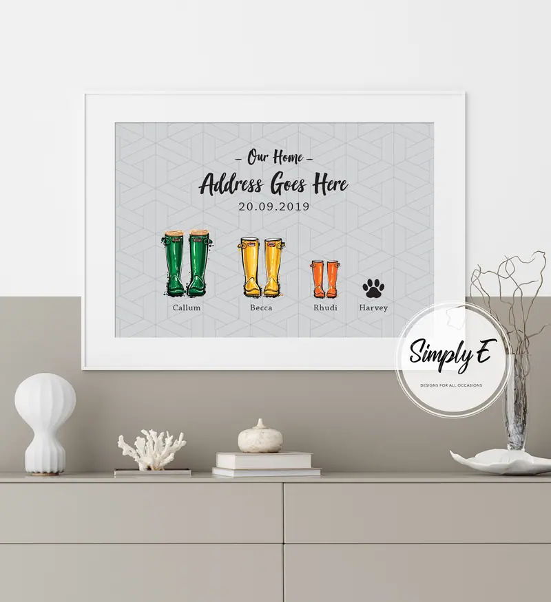 Our Home Wellies Print print by Simply E: Our Home, your address and move-in date, with a welly for each family member