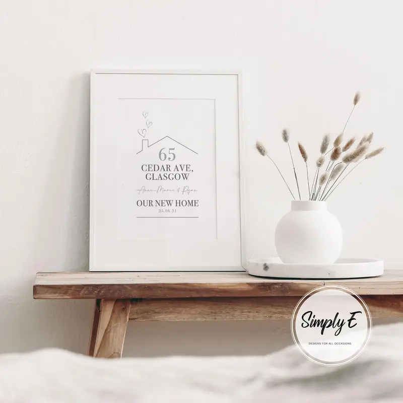 Our New Home Address Print print by Simply E: Your address in big type, your names and "our new home" with the move-in date