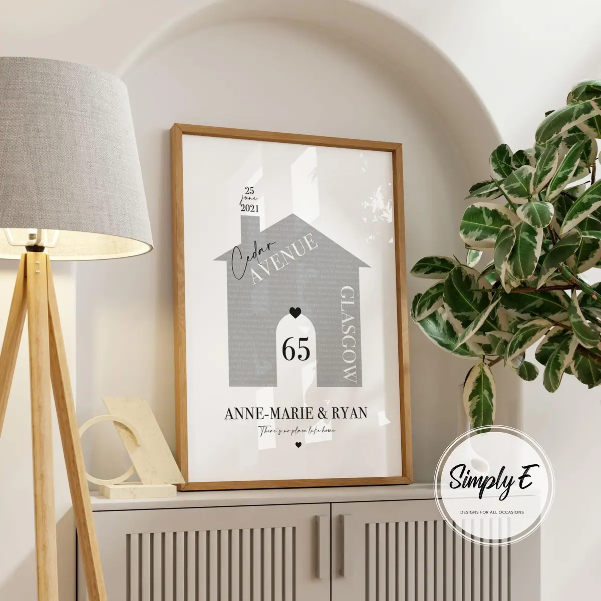 Personalised New Home Print print by Simply E: A house illustration with your house number, street, town, names and move-in date