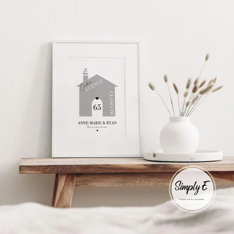 Personalised New Home Print print by Simply E: A house illustration with your house number, street, town, names and move-in date